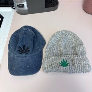 Urban Outfitters Blue Cap and Gray Beanie with Leaf Embroidery
